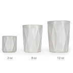 Three textured 3D printed ceramic drinking cups with large diamond patters with different volumes, 2oz, 8oz, and 12oz