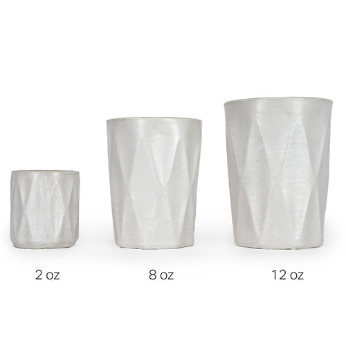 Three textured 3D printed ceramic drinking cups with large diamond patters with different volumes, 2oz, 8oz, and 12oz