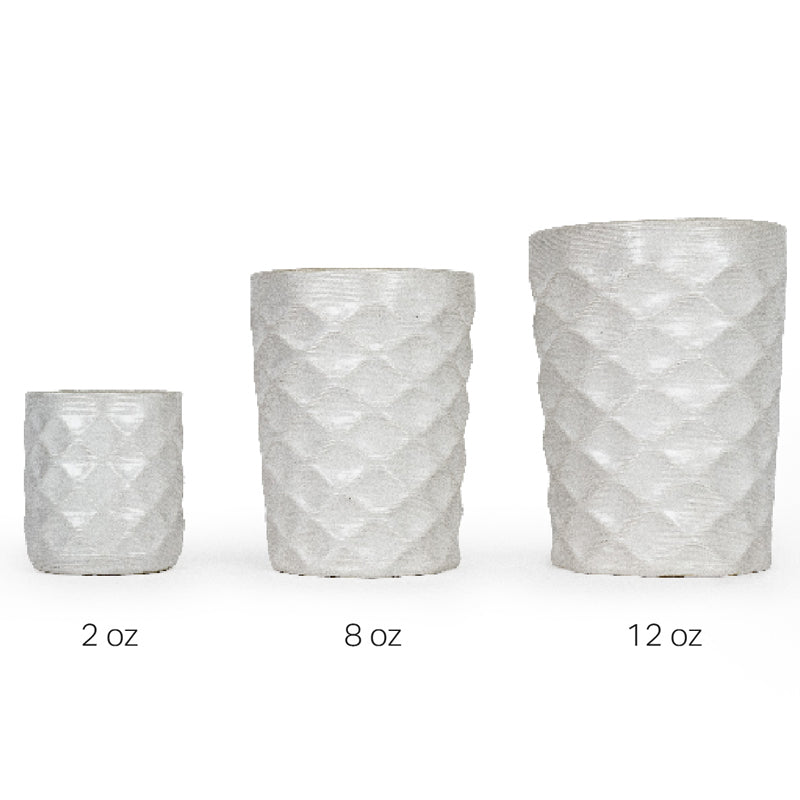 Three textured 3D printed ceramic drinking cups with small diamond patterns with different volumes, 2oz, 8oz, and 12oz