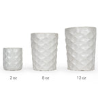 Three textured 3D printed ceramic drinking cups with small diamond patterns with different volumes, 2oz, 8oz, and 12oz