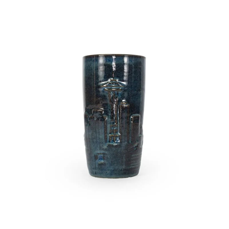 Sapphire float colored 3D printed ceramic drinking cup with a Seattle skyline design