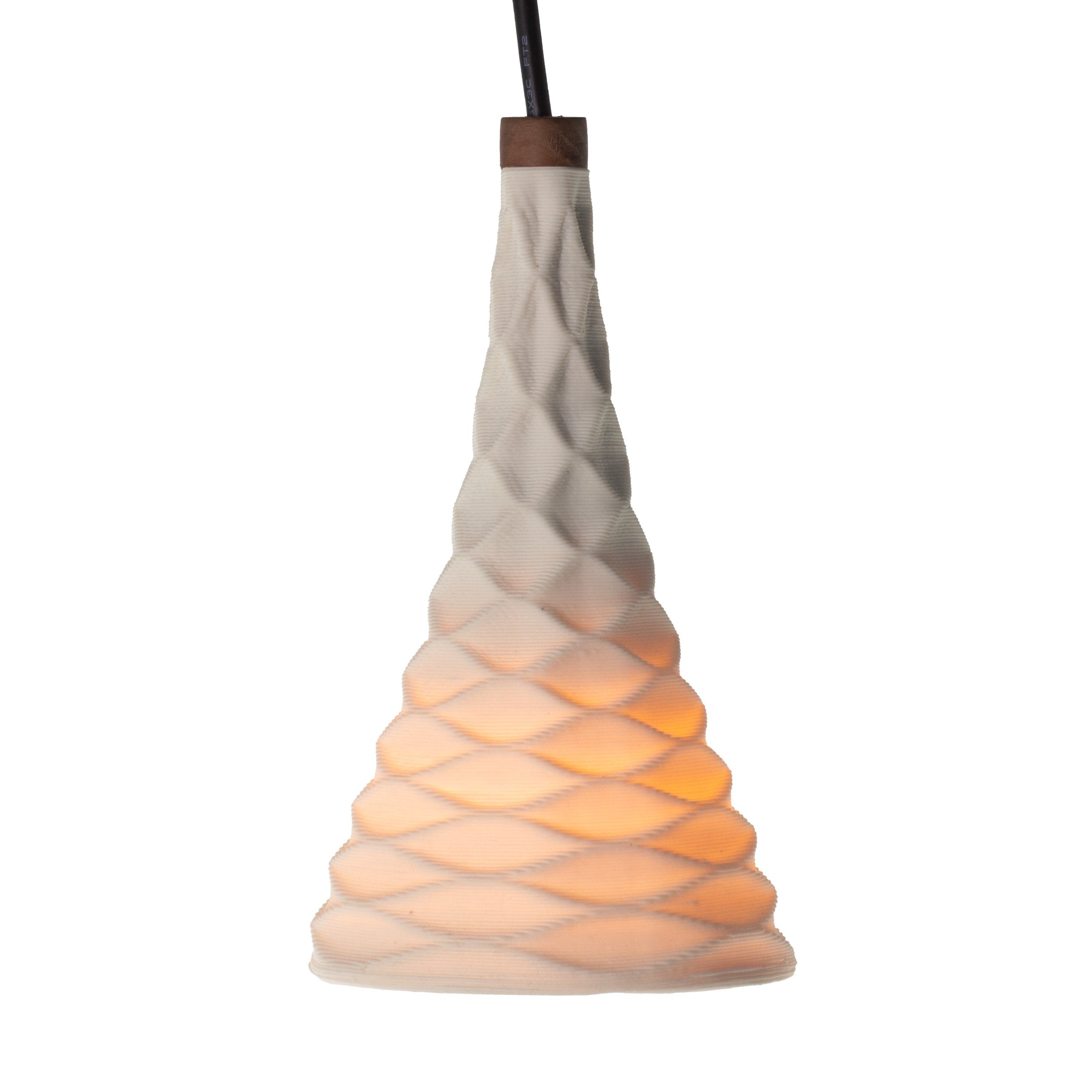 3D printed ceramic light made with unglazed translucent porcelain, with a diamond pattern