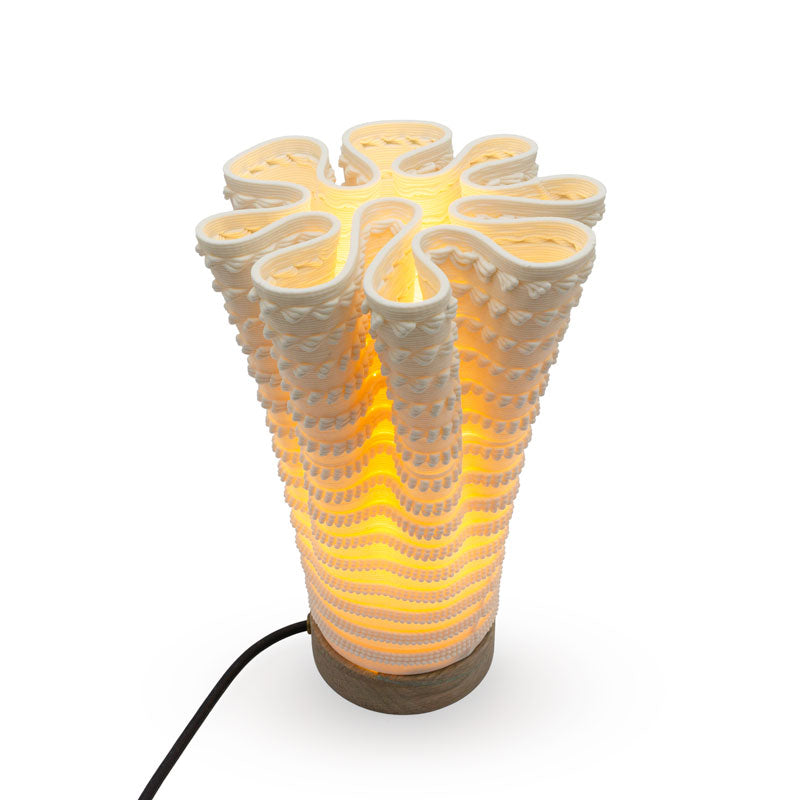 Coral-like textured translucent porcelain table lamp with a warm glow on a white background