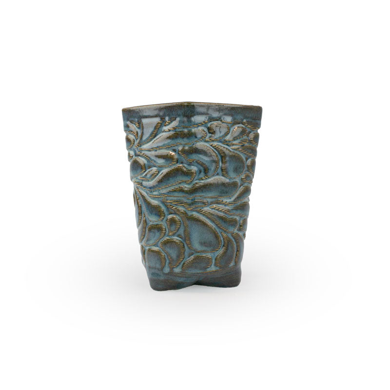 Blue rutile colored textured 3D ceramic printed chalice planter, with a bloom pattern on a white background