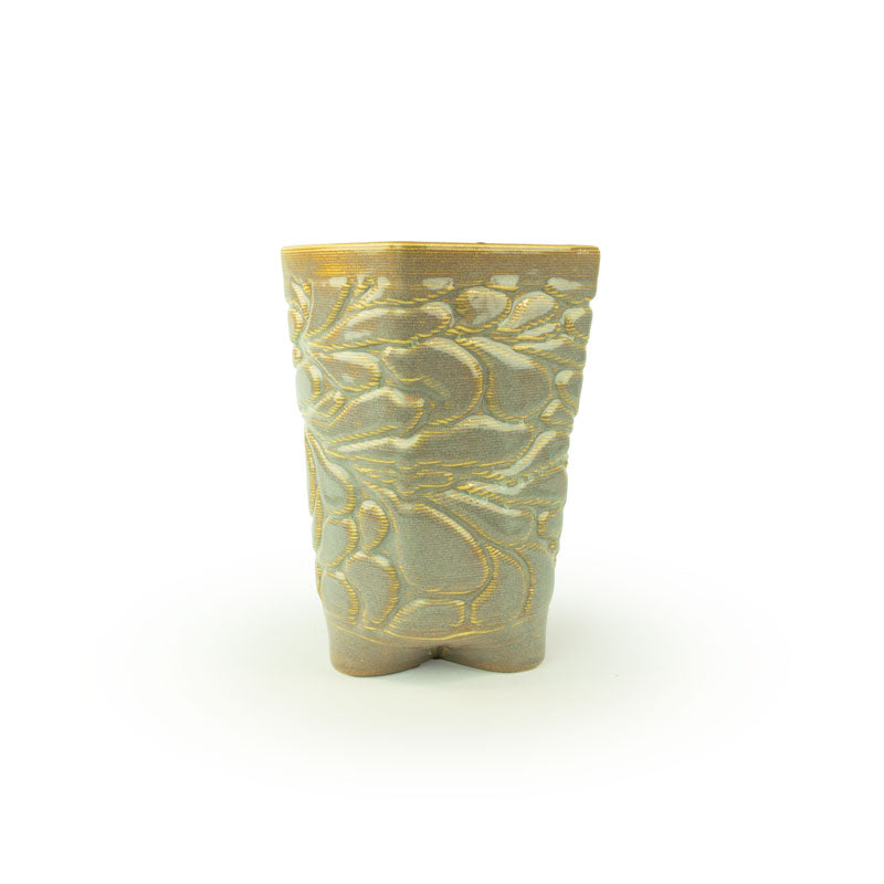 Light sepira textured 3D ceramic printed chalice planter, with a bloom pattern on a white background