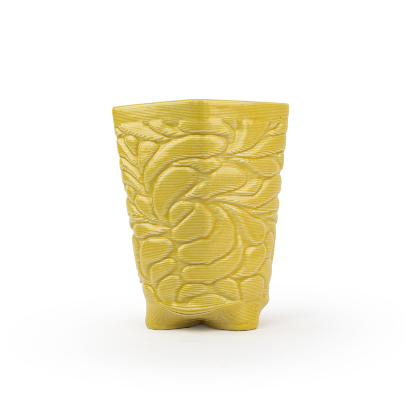 Marigold textured 3D ceramic printed chalice planter, with a bloom pattern on a white background