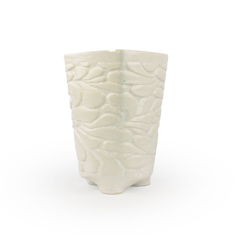 Snow colored textured 3D ceramic printed chalice planter, with a bloom pattern on a white background