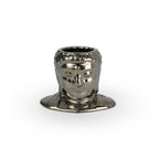 Palladium colored 3D printed ceramic planter, with the shape of Budda's head like a classic bust