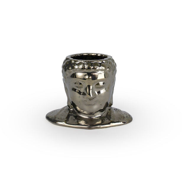 Palladium colored 3D printed ceramic planter, with the shape of Budda's head like a classic bust