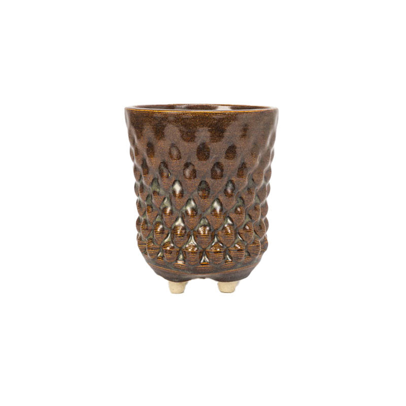 A textured brown 3D printed ceramic dot patterned chalice planters on a white background