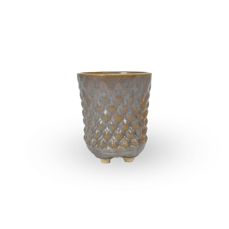 A textured gold and grey 3D printed ceramic dot patterned chalice planters on a white background