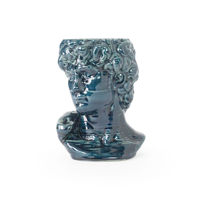 Storm colored 3D ceramic printed bust sculpture planter of David on a white background