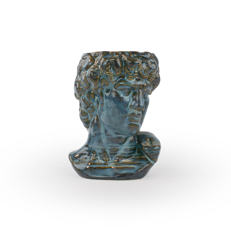 Blue rutile 3D ceramic printed bust sculpture planter of David on a white background