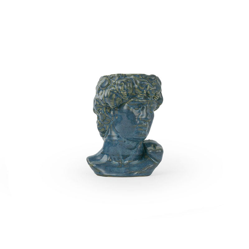 Blue rutile 3D ceramic printed bust sculpture planter of David on a white background