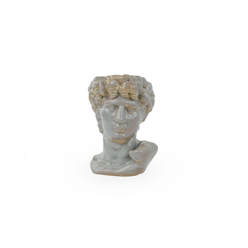 Light sepia 3D ceramic printed bust sculpture planter of David on a white background