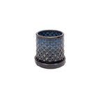 Sapphire float colored 3D printed ceramic planter with a dot pattern, with a tray on a white background