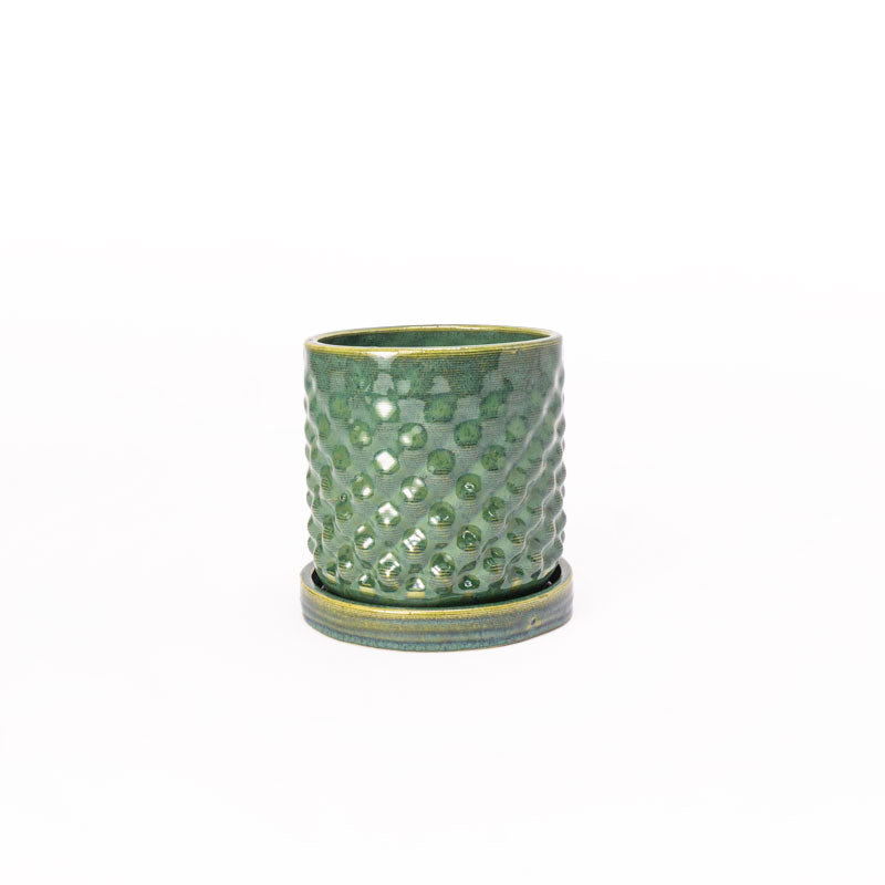 Emerald falls colored 3D printed ceramic planter with a dot pattern, with a tray on a white background