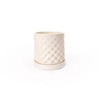 Snow colored 3D printed ceramic planter with a dot pattern, with a tray on a white background
