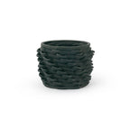 Matte black 3D printed ceramic cactus planter or tea light holder with a twist pattern, on a white background