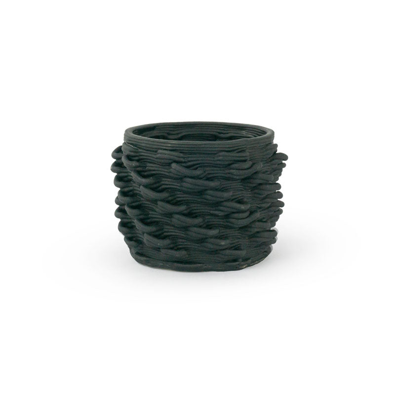 Matte black 3D printed ceramic cactus planter or tea light holder with a twist pattern, on a white background