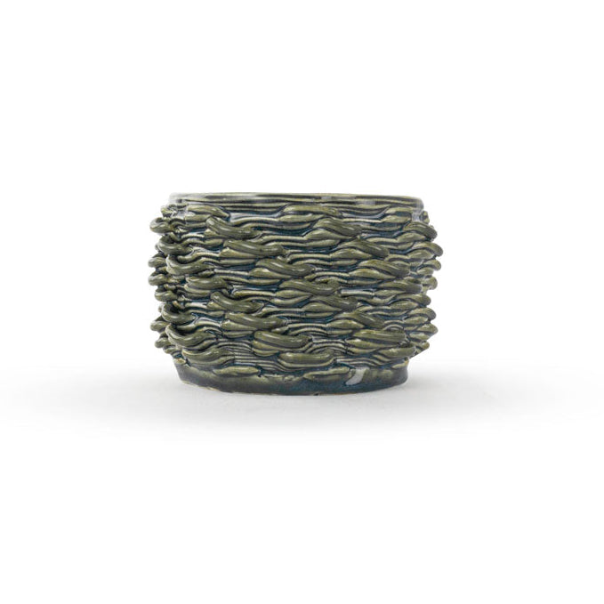 Blue rutile 3D printed ceramic cactus planter or tea light holder with a twist pattern, on a white background