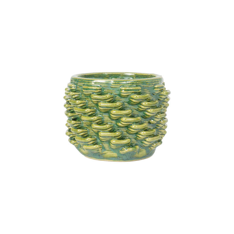 Emerald falls colored 3D printed ceramic cactus planter or tea light holder with a twist pattern, on a white background