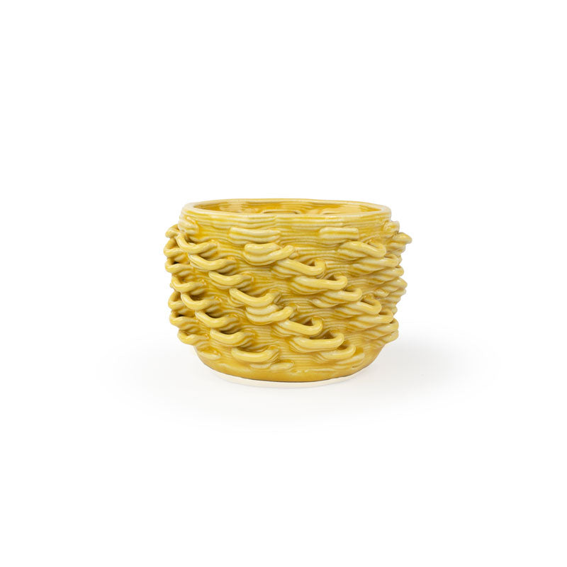 Marigold 3D printed ceramic cactus planter or tea light holder with a twist pattern, on a white background