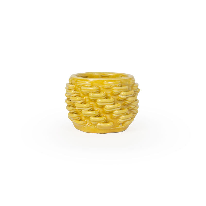 Marigold 3D printed ceramic cactus planter or tea light holder with a twist pattern, on a white background