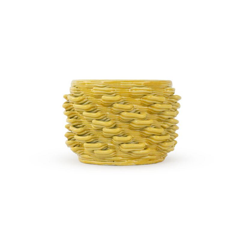 Marigold 3D printed ceramic cactus planter or tea light holder with a twist pattern, on a white background