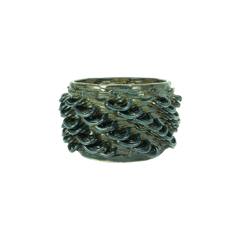 Sapphire float colored 3D printed ceramic cactus planter or tea light holder with a twist pattern, on a white background