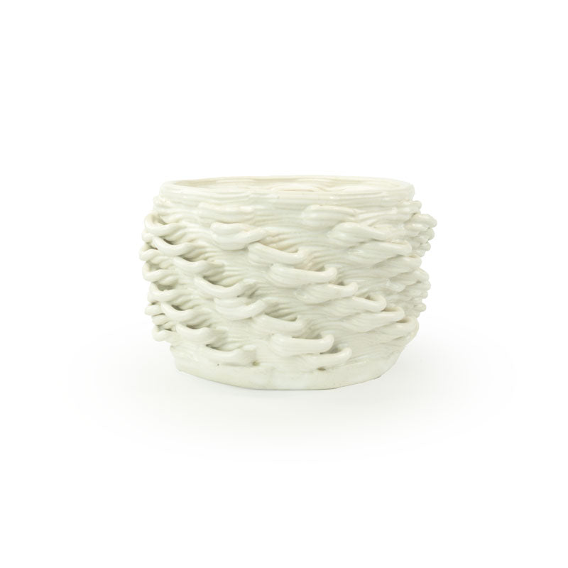 Snow colored 3D printed ceramic cactus planter or tea light holder with a twist pattern, on a white background