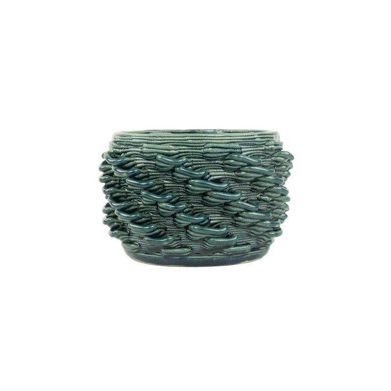 Storm colored 3D printed ceramic cactus planter or tea light holder with a twist pattern, on a white background