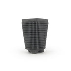 A black matte chalice 3D printed ceramic planter with a micro scallop pattern on a white background