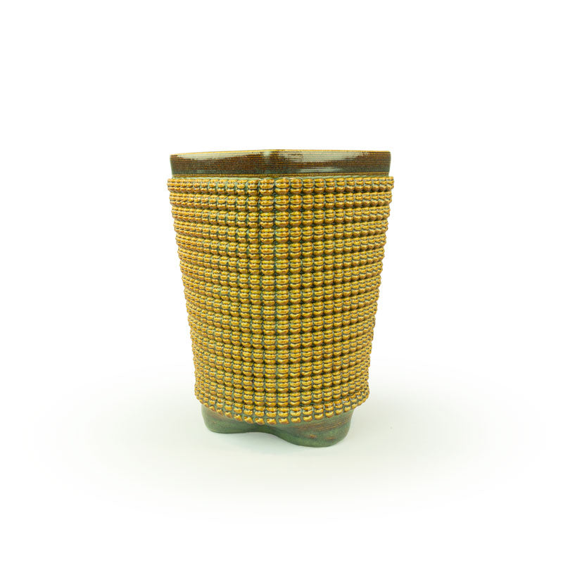 A textured iron lustre chalice 3D printed ceramic planter with a micro scallop pattern on a white background