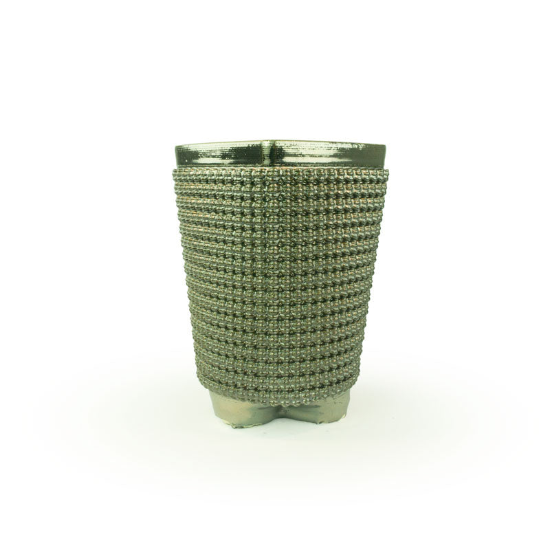 A textured palladium chalice 3D printed ceramic planter with a micro scallop pattern on a white background