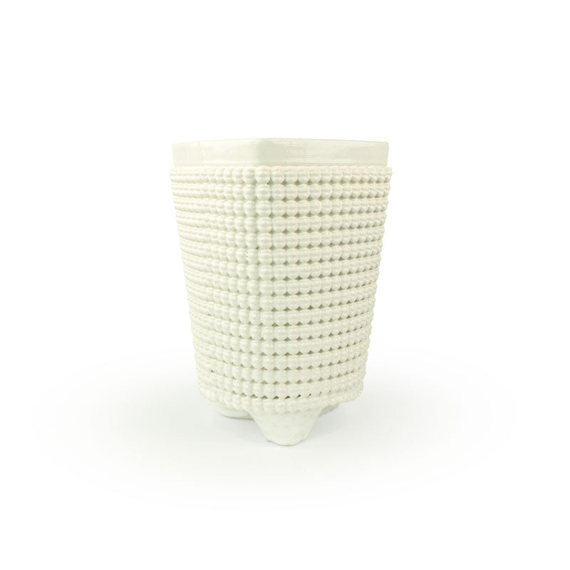 A textured white chalice 3D printed ceramic planter with a micro scallop pattern on a white background
