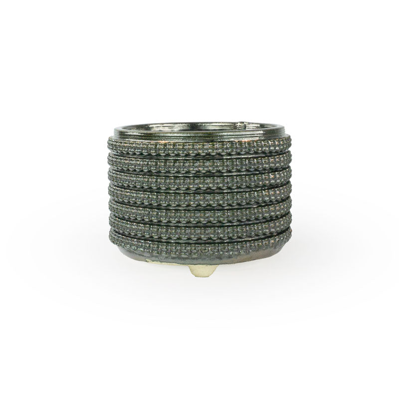 Textured 3D printed ceramic palladium colored planter, on a white background