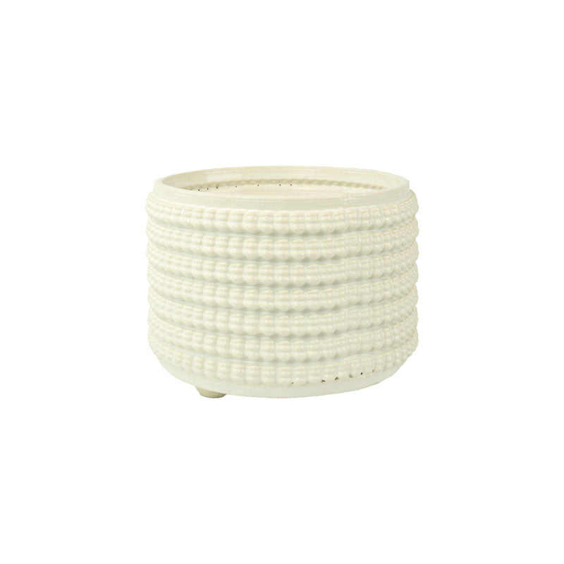 Textured 3D printed ceramic snow colored planter, on a white background