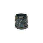 Sapphire float colored 3D printed ceramic planter with pixel paisley pattern, with a tray on a white background
