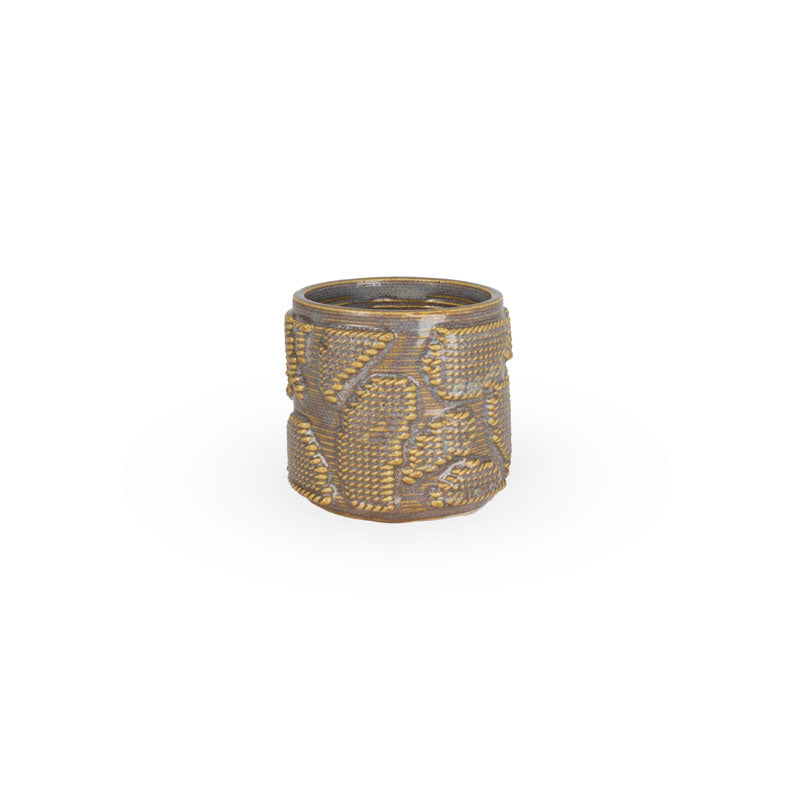 Sepia colored 3D printed ceramic planter with pixel paisley pattern on a white background