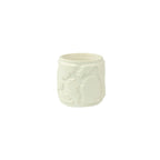 Snow colored 3D printed ceramic planter with pixel paisley pattern, on a white background