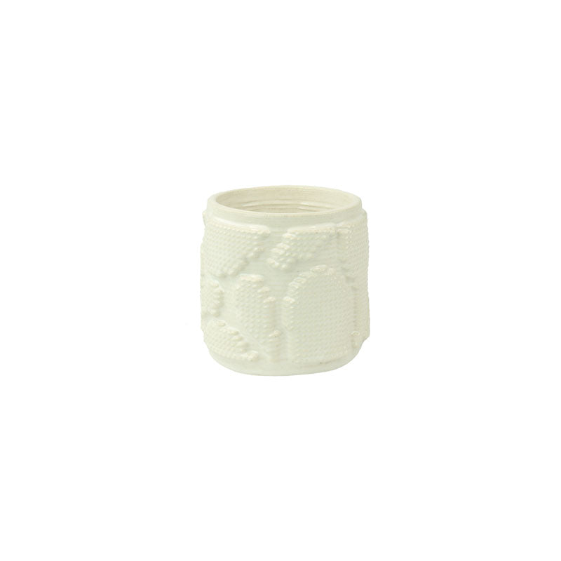 Snow colored 3D printed ceramic planter with pixel paisley pattern, on a white background