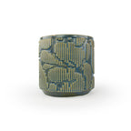 Blue rutile colored 3D printed ceramic planter with pixel paisley pattern on a white background