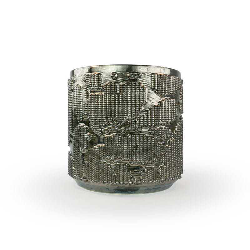 Palladium colored 3D printed ceramic planter with pixel paisley pattern on a white background