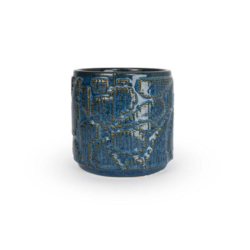 Sapphire float colored 3D printed ceramic planter with pixel paisley pattern on a white background