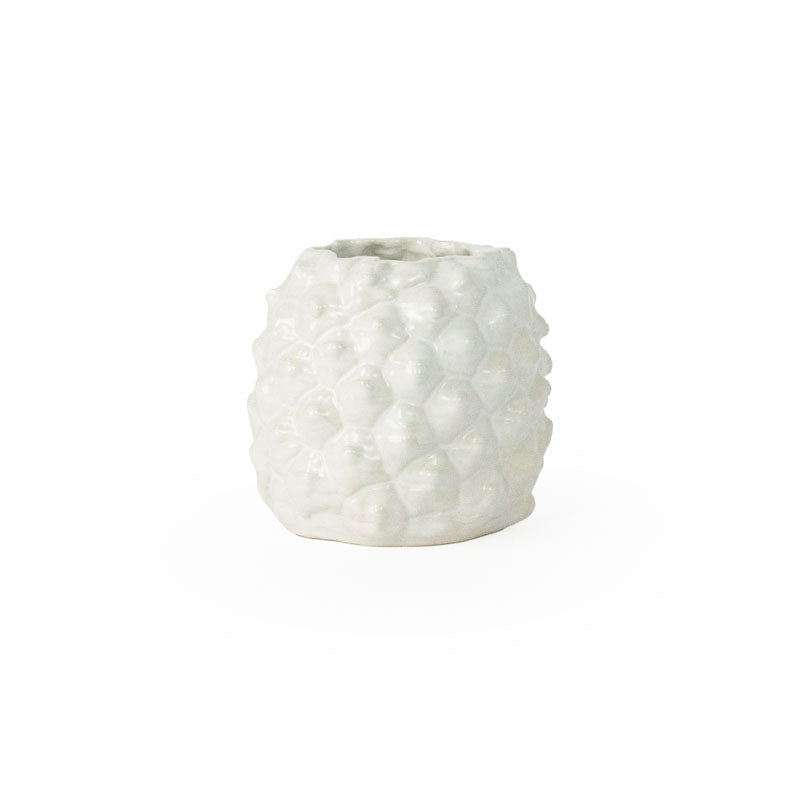 Snow colored 3D printed ceramic planter with a pineapple pattern, on a white background