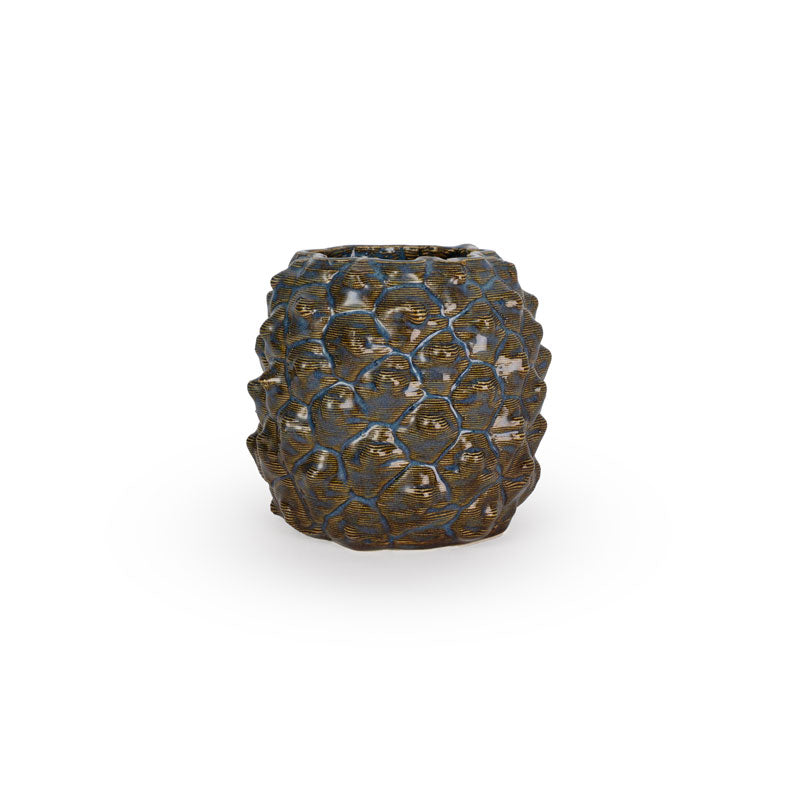 Blue rutile colored 3D printed ceramic planter with a pineapple pattern, on a white background