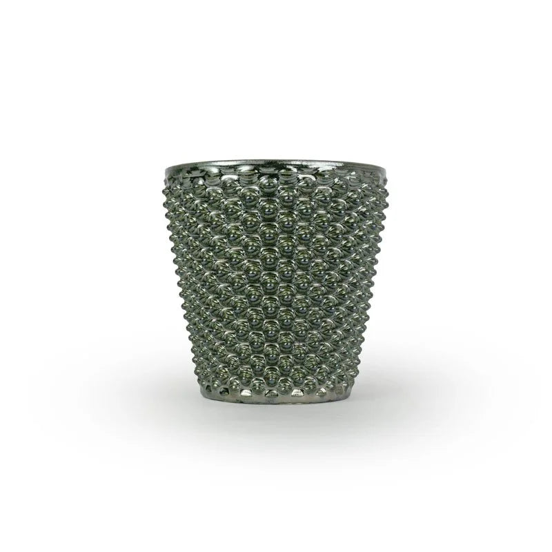 Palladium colored 3D printed ceramic planter with a dot pattern, on a white background