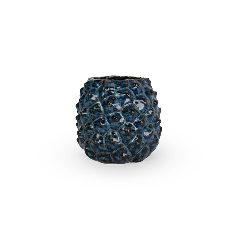 Sapphire float colored 3D printed ceramic planter with a pineapple pattern, on a white background