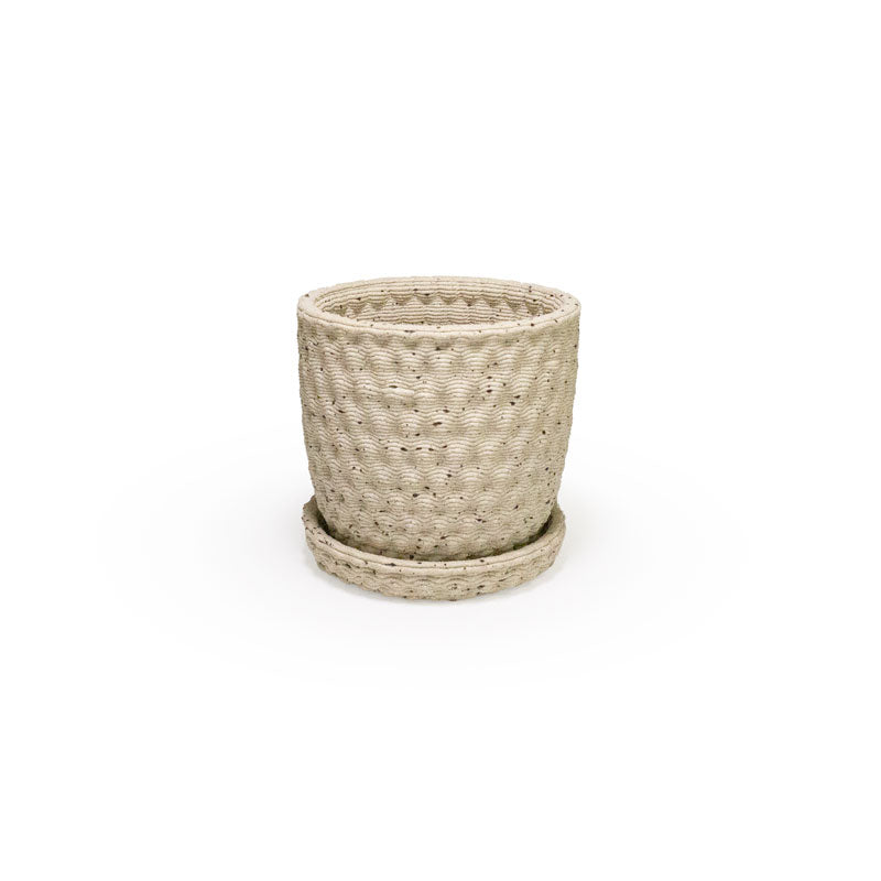 a 3D ceramic printed planters with a diamond pattern and speckles, with a tray